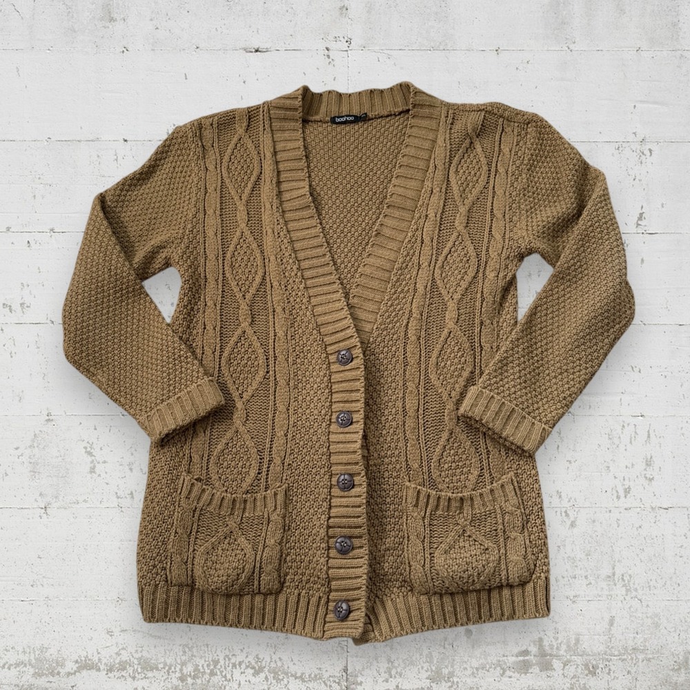 Women's Boohoo M/L Oversized Chunky Knit Cardigan Sweater Brown Long Sleeve